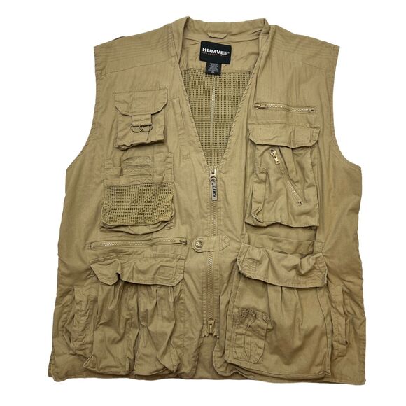 Humvee Fishing Vest Mens 2XL XXL Beige Cotton V Neck Zip Up Multi Pockets *READ - Picture 1 of 12